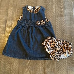 Koala Baby. Size 9m. Jean dress with leopard print. Zipper in back